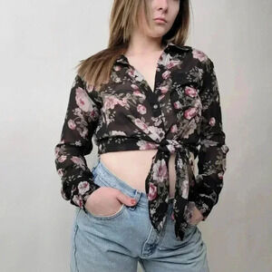Pastel Black & Pink Floral Mesh Tie Front Coverup Blouse - S